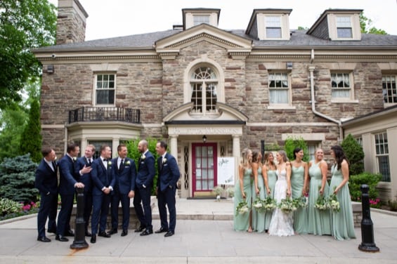 beautiful bride in front of the Paletta Mansion in Burlington